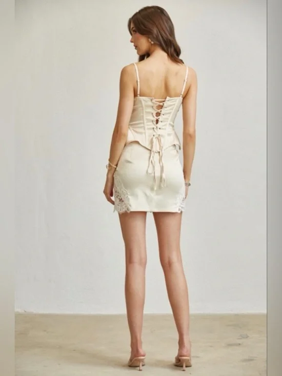 A314. Lace-Trim Satin Corset & Slip Skirt Set - Cream - Picture 3 of 6